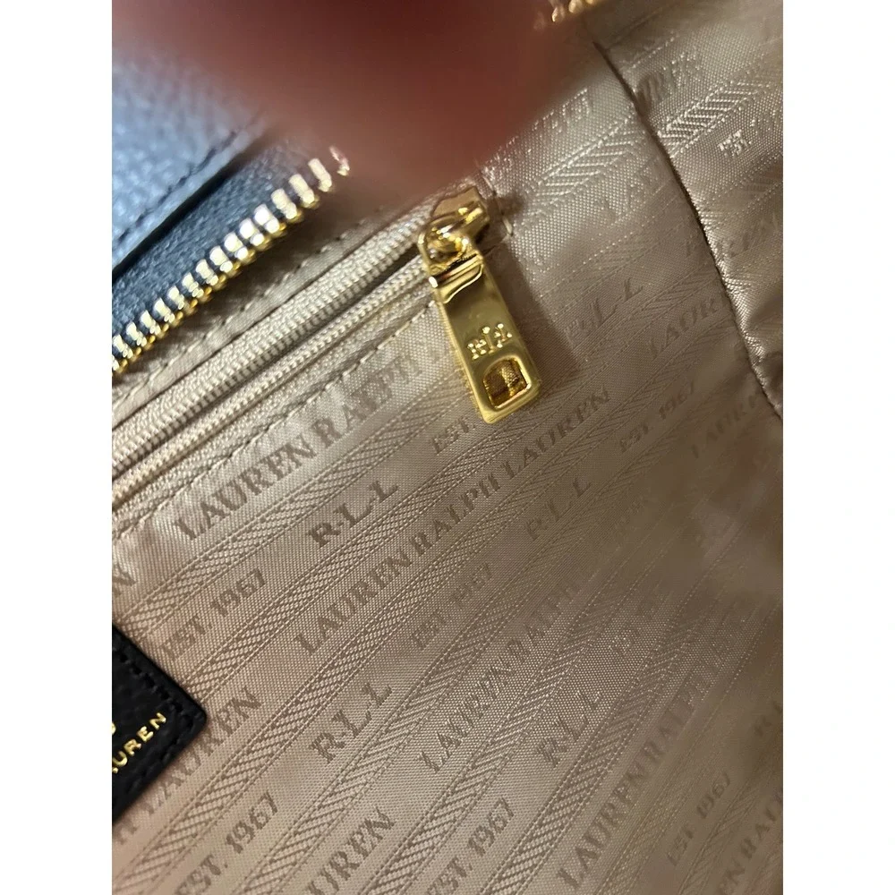 Lauren Ralph Lauren Marcy Black Pebbled Leather Satchel Bag Gold RL Logo Handbag